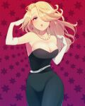  1girl belt black_dress blonde_hair breasts cleavage dress earrings elbow_gloves gloves hair_over_one_eye highres jewelry long_hair looking_at_viewer medium_breasts mole mole_under_mouth mother_(game) mother_2 necklace purple_eyes shifumame solo venus_(mother) white_gloves 