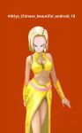  1girl android_18 blonde_hair blurry breasts cleavage closed_mouth dragon_ball draw_this_in_your_style_challenge highres looking_at_viewer non-web_source red_background simple_background solo standing 