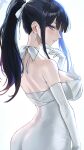  1girl absurdres bare_shoulders black_hair blue_archive blue_eyes blue_hair blue_halo breasts colored_inner_hair commentary_request dress earrings elbow_gloves from_behind gloves hair_ribbon halo highres jewelry kazane-wind large_breasts long_hair looking_at_viewer looking_to_the_side multicolored_hair official_alternate_costume ponytail ribbon saori_(blue_archive) saori_(dress)_(blue_archive) simple_background solo strapless strapless_dress white_background white_dress white_gloves white_ribbon 