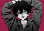 1boy arms_up blood blood_on_face blush bound bound_wrists greyscale hair_between_eyes heart heart-shaped_pupils highres imai_akira jacket long_sleeves looking_at_viewer male_focus monochrome nosebleed open_mouth original pink_background saliva simple_background solo spot_color sweat symbol-shaped_pupils tongue upper_body 