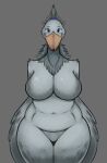accessory anthro avian big_breasts bird blue_eyes breasts curvy_figure feathered_wings feathers featureless_breasts featureless_crotch female grey_background grey_body grey_feathers hair_accessory hair_tie head_feathers hi_res huge_breasts looking_at_viewer mature_anthro mature_female navel neck_tuft nude pelecaniform seb_valenz shoebill simple_background smile solo thick_thighs tuft voluptuous wide_hips winged_arms wings
