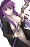  1girl black_coat blunt_bangs breast_press breasts closed_mouth coat dress fern_(sousou_no_frieren) highres holding holding_staff large_breasts long_hair long_sleeves looking_at_viewer mage_staff motion_blur profnote purple_eyes purple_hair purple_ribbon ribbon simple_background sousou_no_frieren staff white_background white_dress 