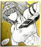  1girl abs armlet bare_shoulders chiba_toshirou gloves highres leona_heidern marker_(medium) monochrome muscular muscular_female navel photo_(medium) ponytail shikishi signature solo tank_top the_king_of_fighters the_king_of_fighters_xv traditional_media upper_body 