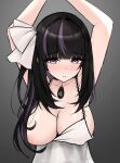  1girl arms_up black_hair blush bow breasts cleavage covered_nipples dress grey_background hair_bow hair_censor highres indie_virtual_youtuber large_breasts long_hair looking_at_viewer m_r_b multicolored_hair one_breast_out purple_eyes purple_hair ririsya simple_background solo streaked_hair sweat upper_body virtual_youtuber white_dress 