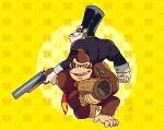  2boys absurdres bluster_kong clenched_hand donkey_kong donkey_kong_(series) donkey_kong_country_(cartoon) facial_hair furry furry_male gorilla gun highres holding holding_gun holding_weapon looking_at_viewer male_focus multiple_boys mustache necktie on_one_knee r3dfive red_necktie sunglasses teeth weapon yellow_background 
