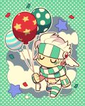  1boy balloon caesar_anthonio_zeppeli chibi chibi_only closed_eyes cloud confetti facial_mark full_body hairband holding holding_balloon jojo_no_kimyou_na_bouken kotorai male_focus navel no_nose pants scarf signature solo star_(symbol) striped_clothes striped_hairband striped_scarf striped_wristband u_u white_hair white_pants winged_hairband 