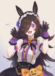  1girl animal_ears black_gloves brown_hair gloves hair_over_one_eye highres horse_ears horse_girl limozi_limozi long_hair looking_at_viewer official_alternate_costume open_mouth puffy_sleeves purple_eyes rice_shower_(make_up_vampire!)_(umamusume) rice_shower_(umamusume) short_sleeves solo umamusume 