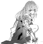  1girl boots coat dlckrpwjd111 expressionless gloves greyscale honkai:_star_rail honkai_(series) long_hair long_sleeves looking_at_viewer monochrome simple_background skirt solo squatting stelle_(honkai:_star_rail) strap trailblazer_(honkai:_star_rail) 