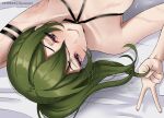  1girl :q arm_strap armpits commentary english_commentary green_hair halterneck long_hair lying on_back ryuuneart smile sousou_no_frieren tongue tongue_out ubel_(sousou_no_frieren) v 