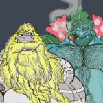 2022 anthro anthrofied beard belly belly_hair biceps big_beard big_biceps big_mustache black_chest_hair blonde_beard blonde_eyebrows blonde_facial_hair blonde_hair blonde_mustache body_hair bust_portrait chest_hair cigar cigar_in_mouth clenched_teeth daddyfication digital_drawing_(artwork) digital_media_(artwork) duo elemental_creature eye_contact eyebrows facial_hair fan_character fangs featureless_chest flora_fauna flower flower_(anatomy) generation_1_pokemon green_arms green_belly green_chest green_ears green_eyebrows green_face green_facial_hair green_hair green_neck grey_arms grey_belly grey_face grey_nipples grey_nose hair hairy hairy_belly hairy_body hi_res leaf long_beard looking_at_another looking_at_partner male male/male markings mustache navel nintendo nipples nostrills object_in_mouth pink_eyes pink_flower pink_inner_ear plant pokemon pokemon_(species) pokemorph pokenerd8 portrait red_eyes sharp_teeth simple_background smile smiling_at_another smiling_at_each_other smiling_at_partner smoke smoking smoking_cigar snaggle_tooth teeth thick_eyebrows two_tone_arms unknown_character venusaur white_arms