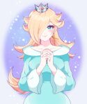  1girl blonde_hair blue_dress blue_eyes closed_mouth crown dress earrings eyelashes hair_over_one_eye highres indisk_irio interlocked_fingers jewelry long_bangs long_hair long_sleeves looking_at_viewer mario_(series) own_hands_together rosalina smile solo star_(symbol) star_earrings super_mario_galaxy 