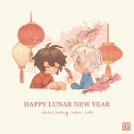  2024 2boys ahoge blush brown_hair cherry_blossoms chibi chinese_new_year closed_eyes english_commentary english_text granblue_fantasy hair_between_eyes highres hongbao implied_yaoi lantern looking_at_another lucifer_(shingeki_no_bahamut) male_focus messy_hair multiple_boys nervous outline paper_lantern renren_be sandalphon_(granblue_fantasy) short_hair sweatdrop vietnamese_clothes vietnamese_text white_hair white_outline yellow_background 