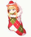  1girl animal_ears animal_hood bell blonde_hair braid cat_ears cat_hood chibi christmas_stocking dragon_quest dragon_quest_xi fur-trimmed_hat fur_trim grey_background hat hood jingle_bell kz_ripo long_hair low_twintails minigirl purple_eyes red_hat santa_hat simple_background solo twin_braids twintails twitter_username veronica_(dq11) 