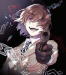 1boy akechi_gorou black_background black_gloves broken broken_chain brown_hair chain collared_shirt commentary dated_commentary evil_smile gloves gun hair_between_eyes hair_over_one_eye highres holding holding_gun holding_weapon jacket looking_at_viewer male_focus open_mouth persona persona_5 red_eyes sekiyu_inu shirt short_hair smile solo teeth upper_body weapon 