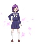  1girl acro_trip blue_serafuku blue_skirt chizuko_date hand_on_own_hip highres kneehighs light_smile loafers looking_at_viewer neckerchief non-web_source official_art purple_eyes purple_hair school_uniform serafuku shoes skirt socks sparkle transparent_background white_neckerchief 