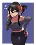  1girl alternate_costume black_hair black_pants border breasts carmine_(pokemon) cleavage closed_mouth commentary_request cowboy_shot crossed_bangs echizen_(n_fns17) eyelashes grey_shirt hair_between_eyes hand_on_own_hip hand_up headphones highres leaning_forward long_sleeves mole mole_under_eye multicolored_hair notice_lines off_shoulder pants pokemon pokemon_sv red_hair shirt sidelocks solo thumb_hole_sleeves two-tone_hair white_border yellow_eyes zipper_pull_tab 