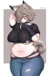 1girl animal_ear_fluff animal_ears artist_name blue_pants border breasts character_request closed_mouth copyright_request covered_nipples cowboy_shot grey_background highres huge_breasts looking_at_viewer navel noiretox outside_border pants plump short_sleeves simple_background solo thick_thighs thighs white_border 