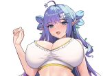  1girl :d abc_(type5_labyrith) ahoge blue_eyes blue_hair blush breasts cleavage crop_top dot_nose flower frills from_below hair_flower hair_ornament hairclip huge_breasts long_hair looking_at_viewer midriff open_mouth original pointy_ears shiny_skin simple_background smile solo two_side_up upper_body white_background 