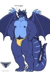 absurd_res anthro barazoku belly belly_scales blue_body blue_eyes bulge censored_text christopher_wyvern claws clenched_teeth clothed clothing discomfort dragon hands_on_hips hi_res holding_clothing holding_object holding_underwear male markings marvolk membrane_(anatomy) membranous_wings musclegut muscular mythological_creature mythological_scalie mythology nipple_fetish nipple_piercing nipples partially_clothed pecs piercing profanity pubes scales scalie slightly_chubby slightly_chubby_male solo speedo swimwear tail tail_markings tail_tuft teeth thick_thighs thight_clothing tuft underwear wing_claws wings yellow_clothing