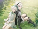  1boy 1girl artist_name black_footwear black_gloves black_hairband blurry blurry_foreground boots brother_and_sister commentary dress flower gloves green_eyes hairband highres holding holding_flower kagunami612 nier nier_(series) nier_(young) on_grass open_mouth outdoors short_hair siblings sitting smile white_dress white_flower white_hair yonah 