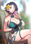  1girl absurdres bare_shoulders beach_chair black_choker black_gloves black_hair black_one-piece_swimsuit breasts casual_one-piece_swimsuit choker cocktail_glass commentary crossed_legs cup drinking drinking_glass drinking_straw fire_emblem fire_emblem:_three_houses fire_emblem_heroes flower gloves gonzarez green_one-piece_swimsuit hair_flower hair_ornament halterneck hibiscus highres holding holding_cup large_breasts looking_at_viewer official_alternate_costume one-piece_swimsuit one_eye_closed partially_fingerless_gloves purple_eyes shamir_nevrand shamir_nevrand_(summer) short_hair single_glove sitting solo swimsuit thigh_strap tropical_drink two-tone_swimsuit yellow_flower 