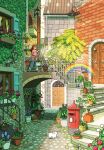  1girl brick_wall brown_hat building cat duplicate flower highres original outdoors plant postbox_(outgoing_mail) potted_plant purple_flower rainbow red_flower scenery solo stairs tao_(tao15102) wall_lamp watering window 