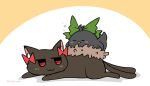  :3 bird black_cat blush cat crow hair_ribbon kaenbyou_rin kaenbyou_rin_(cat) lying noai_nioshi on_stomach red_eyes reiuji_utsuho reiuji_utsuho_(bird) ribbon sleeping squeans white_background yellow_background 