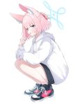  1girl animal_ear_fluff animal_ears black_shorts blue_archive blue_eyes blue_halo blush fox_ears full_body halo highres hood hood_down hoodie long_sleeves niko_(blue_archive) open_mouth pink_hair preste shoes short_hair shorts simple_background smile sneakers solo squatting white_background white_hoodie 
