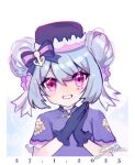  2023 anchor_hair_ornament black_gloves black_hat blue_hair bow bowtie double_bun gihikioku gloves hai_quy hair_bun hair_ornament hand_clapper hat highres looking_at_viewer open_mouth purple_eyes short_hair smile vietnamese_clothes vietnamese_dress virtual_youtuber wanderer_office white_background 
