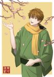  1boy :d absurdres animal animal_on_shoulder bel_3001 bird branch brown_background brown_hair brown_scarf commentary_request flower green_kimono hair_between_eyes hand_up highres japanese_clothes kimono long_sleeves luke_pearce_(tears_of_themis) male_focus petals pink_flower red_eyes scarf smile solo tears_of_themis thick_eyebrows two-tone_background white_background wide_sleeves 