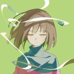  1other androgynous bandages brown_hair chara_(undertale) green_background guangchenren half-closed_eyes simple_background solo striped_clothes striped_sweater sweater undertale upper_body yellow_eyes 