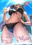  1girl @_@ absurdres ap_cammy bikini black_bikini blue_sky blunt_bangs blurry blurry_background bottle breasts commission cowboy_shot from_below green_eyes green_hair head_wings highres hime_cut holding holding_bottle long_hair morrigan_aensland sky solo swimsuit thighs vampire_(game) water wings 