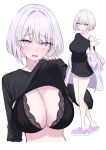  1girl black_bra black_shirt blush bob_cut bra breasts clothes_lift dolphin_shorts full_body grey_hair highres hood hoodie ichiki_1 large_breasts lifted_by_self looking_at_viewer mole mole_on_breast off_shoulder open_mouth original purple_footwear purple_hoodie purple_shorts shirt shirt_lift short_shorts shorts simple_background single_off_shoulder solo tears underwear white_background 