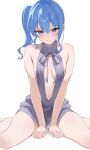  1girl absurdres arms_between_legs bare_shoulders blue_eyes blue_hair blush breasts breasts_apart center_opening closed_mouth cowboy_shot dot_nose fawny furrowed_brow grey_sweater hair_between_eyes highres hololive hoshimachi_suisei legs_apart long_hair looking_at_viewer medium_breasts meme_attire no_pants ribbed_sweater side_ponytail sidelocks simple_background sitting sleeveless sleeveless_sweater solo sweater turtleneck turtleneck_sweater virgin_killer_sweater virtual_youtuber wariza white_background 