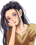  1girl black_hair blue_eyes brown_shirt close-up closed_mouth english_commentary eyelashes frozenover hair_slicked_back hand_on_own_cheek hand_on_own_face highres long_hair looking_at_viewer loose_hair_strand nico_robin one_piece pink_lips shirt sidelocks simple_background solo upper_body white_background 