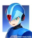  1boy armor blue_armor blue_helmet blurry blurry_background buzzsaw_(6631455) close-up commentary commission forehead_jewel green_eyes highres mega_man_(series) mega_man_x_(series) shoulder_armor solo 