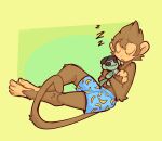 absurd_res anthro boxers_(clothing) brown_body brown_fur cheek_tuft clothing eyes_closed facial_tuft fur haplorhine hi_res male mammal monkey open_mouth plushie primate simple_background sleeping solo sound_effects tan_body tan_skin tuft underwear vowelless vowelless_sound_effect xing1 yellow_background zzz