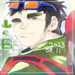  1boy bara dated facial_hair facial_mark forehead_mark green_eyes highres huge_eyebrows light_blush looking_to_the_side male_focus portrait romei_kenbai short_hair sideburns_stubble smile solo stubble sunglasses tokyo_afterschool_summoners translation_request zao_(housamo) 