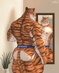 absurd_res animal_humanoid anthro butt cat_humanoid clothed clothing confident_male epic_games felid felid_humanoid feline feline_humanoid fortnite gesture hand_gesture hi_res humanoid jockstrap jockstrap_only male mammal mammal_humanoid mirror mirror_reflection muscular muscular_male one_eye_closed oscar_(fortnite) pantherine pantherine_humanoid pointing pointing_at_self rear_view reflection solo text text_on_clothing tiburalgo tiger tiger_humanoid topless underwear underwear_only wink