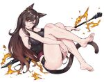  1girl absurdres animal_ear_piercing animal_ears arknights ass bare_arms bare_shoulders barefoot black_one-piece_swimsuit brothercoral brown_hair brown_tail cat_ears cat_girl cat_tail commentary_request commission feet fire full_body highres knees_up long_hair looking_at_viewer one-piece_swimsuit open_mouth orange_eyes skeb_commission skyfire_(arknights) smile soles solo swimsuit tail toes wet white_background 