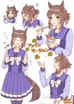  1girl :o animal_ears blush bow bowtie breasts brown_hair chibi chopsticks closed_eyes clover_hair_ornament cup_ramen eating fine_motion_(umamusume) green_eyes hair_bun hair_ornament heart hi_(ibisf5umauma) highres holding holding_chopsticks horse_ears horse_girl horse_tail long_sleeves looking_at_viewer looking_to_the_side multiple_views notice_lines open_mouth petals purple_shirt sailor_collar school_uniform shirt short_hair simple_background sitting small_breasts smile squiggle tail tracen_school_uniform translation_request twitter_username umamusume waving white_background 