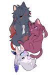  1boy 2girls animal_focus animalization bandaged_arm bandages black_fur blade_(honkai:_star_rail) cat collar drill_hair eyewear_on_head grey_eyes grey_fur hair_over_one_eye highres honkai:_star_rail honkai_(series) kafka_(honkai:_star_rail) long_hair multiple_girls nasuka_gee no_humans purple_eyes purple_fur purple_hair rabbit red_eyes red_hair round_eyewear silver_wolf_(honkai:_star_rail) simple_background sunglasses white_background white_fur 