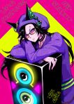  1girl air_shakur_(mag!c_number)_(umamusume) air_shakur_(umamusume) black_hair blurry bracelet character_name choker closed_mouth copyright_name depth_of_field ears_through_headwear eyebrow_piercing hat headphones_for_animal_ears hi_(ibisf5umauma) highres jacket jewelry long_hair long_sleeves looking_at_viewer pants piercing purple_hat purple_jacket purple_pants ring solo speaker sunglasses twitter_username umamusume 