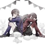  2girls back-to-back black_sailor_collar black_skirt blazer blue_jacket blue_sleeves blue_socks brown_footwear brown_hair buttons collared_jacket collared_shirt commentary_request covering_face crossed_arms danganronpa_(series) danganronpa_v3:_killing_harmony dated dual_persona full_body garland_(decoration) grey_footwear hair_ornament hair_scrunchie harukawa_maki jacket kneehighs knees_up long_hair long_sleeves looking_at_another miniskirt mole mole_under_eye multiple_girls plaid plaid_skirt pleated_skirt red_scrunchie red_shirt red_sleeves red_thighhighs sailor_collar sailor_shirt school_uniform scrunchie shirt shoes signature simple_background sitting skirt socks stuffed_animal stuffed_cat stuffed_dog stuffed_rabbit stuffed_toy teddy_bear thighhighs u_u_ki_u_u uwabaki very_long_hair white_background white_shirt 