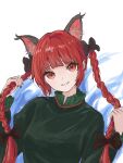  1girl animal_ears black_bow bow breasts cat_ears cat_girl dress green_dress hair_bow highres kaenbyou_rin kashiwada_kiiho looking_at_viewer multiple_hair_bows red_eyes red_hair sketch smile solo touhou twintails white_background 