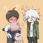  1girl 2boys :d ? ahoge animal_bag black_pants blush brown_hair brown_skirt cat_bag cowboy_shot danganronpa_(series) danganronpa_2:_goodbye_despair flower green_jacket grey_hair hinata_hajime hood hooded_jacket hug jacket kmnm_1403 komaeda_nagito long_sleeves messy_hair miniskirt multiple_boys nanami_chiaki notice_lines open_clothes open_jacket pants pink_bag pleated_skirt print_shirt shirt short_hair short_sleeves simple_background skirt smile 