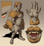  1boy abs bara beard blonde_hair body_fur colored_skin completely_nude concept_art disembodied_limb facial_hair fingernails flaccid from_side full_body grey_skin highres large_pectorals looking_at_viewer male_focus mature_male monster_boy muscular muscular_male nipples nude original pectorals penis pointy_ears profile roamingthrough1 rock_boy sharp_fingernails short_hair sideways_glance standing thick_arms thick_beard thick_eyebrows thick_mustache 
