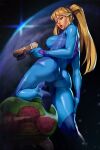  1girl aqua_eyes ass blue_bodysuit blurry blurry_background bodysuit breasts english_commentary foot_out_of_frame from_behind from_below gun hand_on_own_thigh high_heels high_ponytail holding holding_gun holding_weapon long_hair looking_at_viewer looking_back medium_breasts metroid metroid_(creature) mole mole_under_mouth on_one_knee open_mouth paralyzer patreon_username planet ponytail revision rim_jims samus_aran skin_tight solo space standing standing_on_one_leg weapon zero_suit 