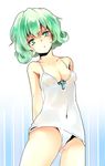  arms_behind_back breasts cleavage cross emerada_etuva green_eyes green_hair hataraku_maou-sama! highres medium_breasts one-piece_swimsuit short_hair solo swimsuit white_swimsuit 