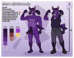 anthro balls big_balls border canid canine darkmaro_(artist) digital_media_(artwork) dreadlocks ear_piercing english_text fur genitals goth hi_res humanoid_genitalia humanoid_penis hyena male mammal maro_(darkmaro) model_sheet nipples nude penis piercing purple_body purple_eyes purple_fur saggy_balls simple_background smile solo spotted_hyena standing tail text